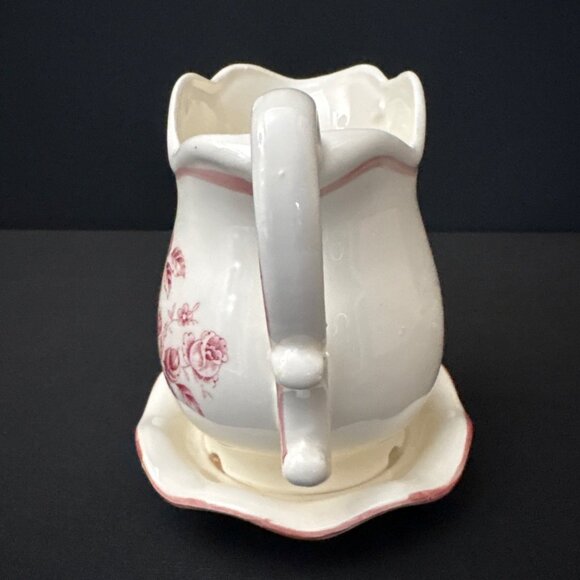Vintage White Japanese Ceramic Pitcher Pink Floral Design Matching Saucer Plate - Picture 4 of 9